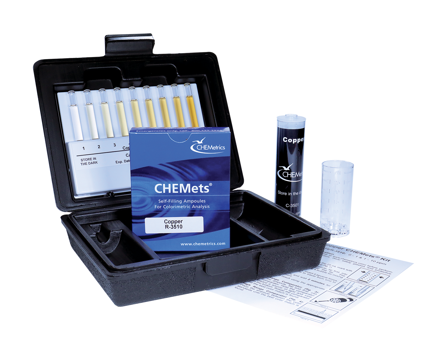 K-3510 Copper (soluble) CHEMets Visual Test Kit Contents and Packaging