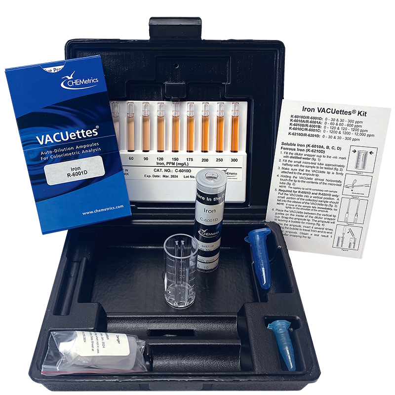 K-6010 Iron Total and Soluble test kit contents and packaging