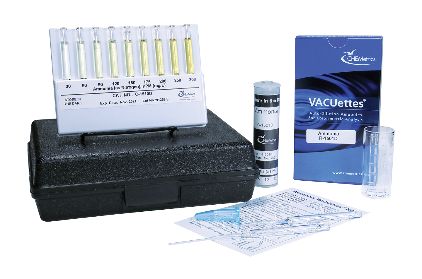 K-1510D Ammonia VACUettes® Visual High Range Test Kit Packaging and Contents