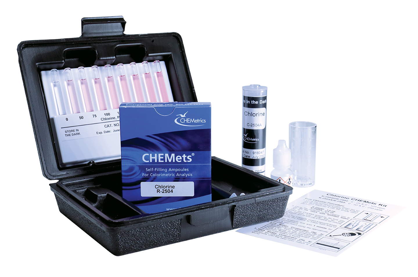 K-2504A Chlorine (free & total) CHEMets® Visual Test Kit Contents and Packaging