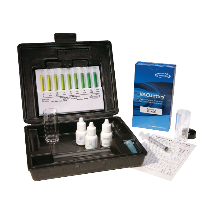 K-1420D Ammonia VACUettes® Visual High Range Test Kit packaging and contents