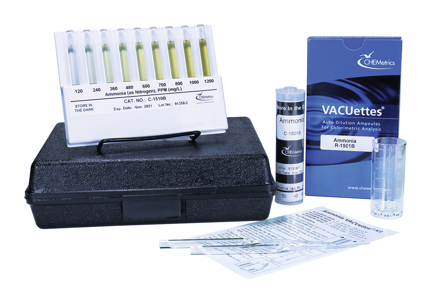 K-1510B Ammonia VACUettes® Visual High Range Test Kit Packaging and Contents