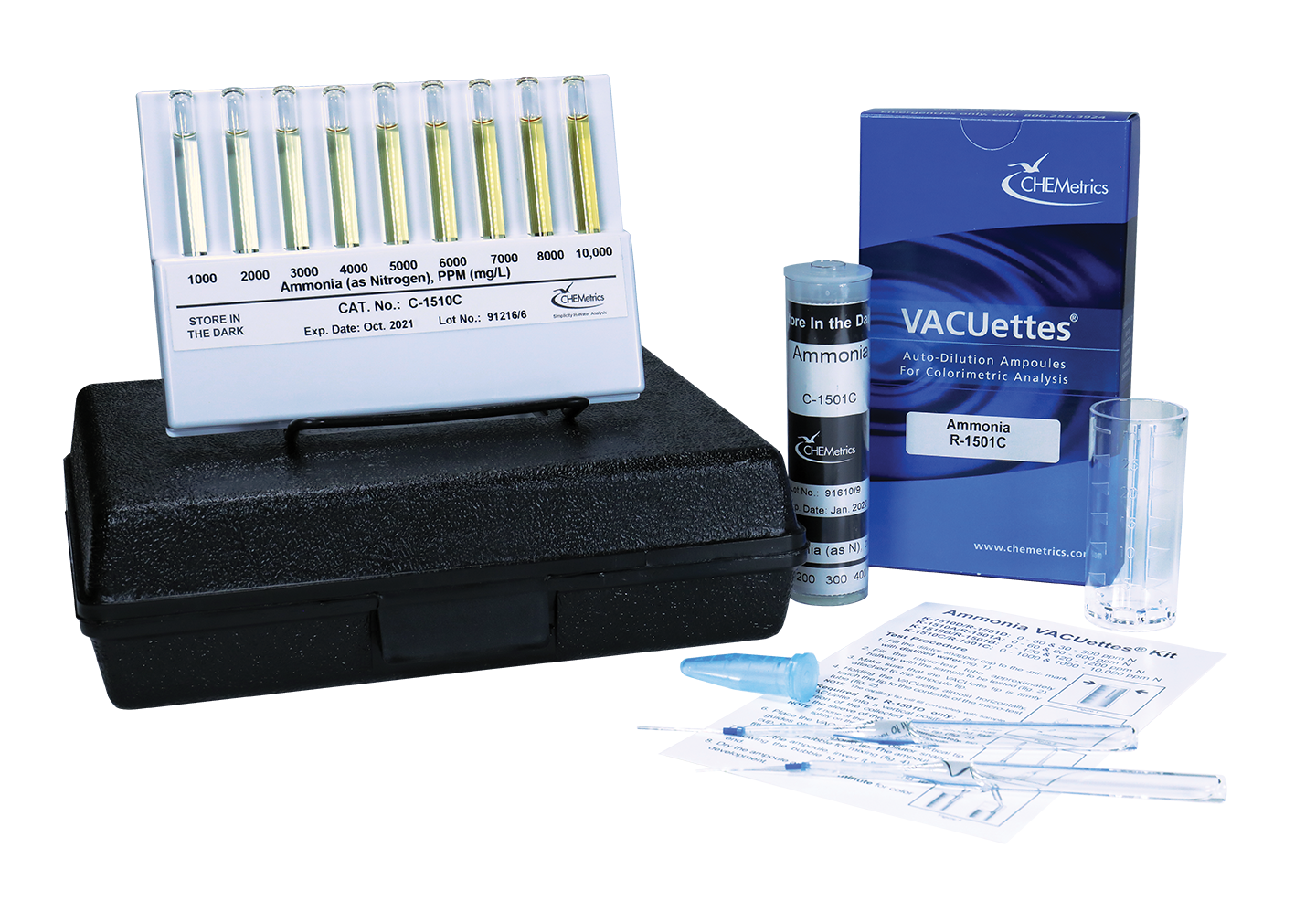 K-1510C Ammonia VACUettes® Visual High Range Test Kit Packaging and Contents
